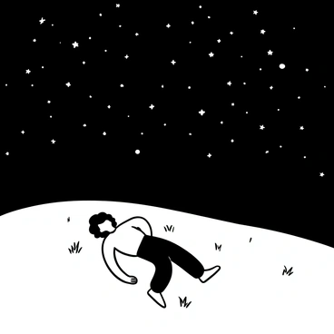 An individual lying on a grassy hill with a relaxed posture, surrounded by tufts of grass. The ground is uneven, creating a natural, rolling landscape. Above, a sky densely populated with countless stars, twinkling brightly against the dark expanse. There is a slight silhouette of the individual, and the surrounding grassy area adds texture to the scene.