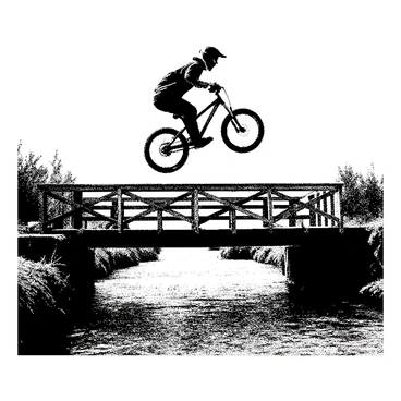A BMX rider with a helmet and protective gear is in mid-air, performing a jump off a small bridge. The rider has a focused expression, and their bike is angled upward. Below the bridge, a calm river flows with gentle ripples on its surface. The bridge's structure includes wooden beams and supports, and there is greenery on both sides, indicating a lush landscape. The sky above is clear, contributing to the sense of adventure and excitement in the scene.