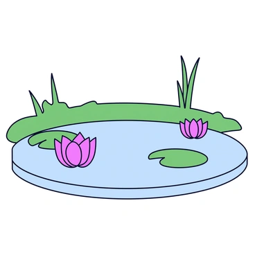 A tranquil pond with clear water reflecting the sky. The surface of the pond is adorned with floating pink lotus flowers, their petals gently unfurling. Green lily pads rest on the water, providing a natural contrast to the vibrant flowers. Surrounding the pond is a simple green landscape with a few tall grasses gently swaying.