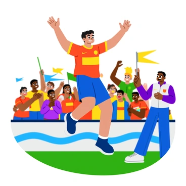 A soccer player in a colorful uniform is mid-air, leaping with arms raised in celebration after scoring a goal. The player has short black hair and a wide smile on their face, showing excitement. In the background, a lively crowd of fans is cheering, waving flags and wearing team merchandise. Some fans are standing with their arms up, while others are clapping and jumping in joy, creating an energetic atmosphere. The scene is filled with vibrant colors from the fans' outfits and the soccer field.