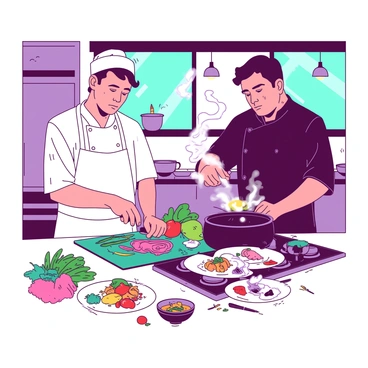 In a vibrant kitchen, two chefs are working intently on their fusion dishes. One chef, wearing a white apron, is slicing colorful vegetables with precision on a teal cutting board. The other chef, donned in a black chef's coat, is stirring a large pot filled with a fragrant mixture on the stove, steam curling upwards. Surrounding them are various ingredients, including fresh herbs, exotic spices, and bowls of colorful sauces. The kitchen is filled with stainless steel appliances and bright overhead lights illuminating the scene. On the counter, there are several plates artfully arranged with unique dishes, showcasing their culinary creativity and innovation.