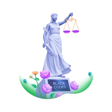 A statue of "Lady Justice" stands tall, gracefully holding scales in one hand. The scales are perfectly balanced, symbolizing impartiality. The statue is intricately detailed, showcasing her flowing robe and a blindfold covering her eyes, representing fairness. At the base of the statue, there is a plaque with the words "Black Codes" engraved in bold lettering. Surrounding the statue are small, elegant flowers that add a touch of color to the scene. The setting is accentuated by soft, warm lighting that highlights the statue's features and the inscription on the plaque.