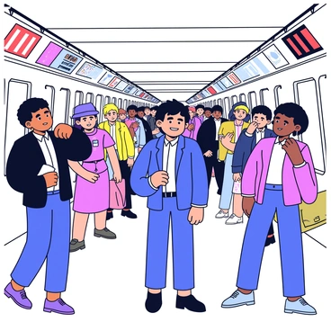 A person stands in a crowded subway car filled with various commuters. The individual has a slightly anxious expression, looking around at the crowd surrounding them. People are packed closely together, some holding onto overhead straps, while others lean against the poles. The sum of their movements creates a palpable tension in the air, with the person's body being gently pushed toward the exit. The walls of the subway car are lined with advertisements and a digital display showing the next station. The lighting inside the subway car is bright, emphasizing the diverse attire of the passengers, including a mix of casual and professional clothing.