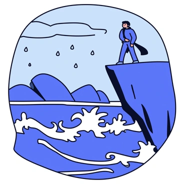 A dark figure with a flowing cape stands on the edge of a rocky cliff. The figure is silhouetted against a stormy sky filled with dark clouds. Below, the sea is churning violently, with large waves crashing against the rocks. Raindrops can be seen falling from the sky, creating splashes as they hit the turbulent ocean. The cliffs are rugged and jagged, contrasting with the swirling chaos of the sea below.
