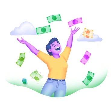 A person with a big smile is joyfully catching various currency bills that are raining from the sky. The individual is wearing a bright yellow shirt and light blue jeans, with their arms outstretched upwards. The scene includes different types of currency bills, such as U.S. dollars, euros, and yen, floating down in vibrant colors. In the background, there are faint outlines of clouds in soft pastel hues, adding to the lively atmosphere of the moment.
