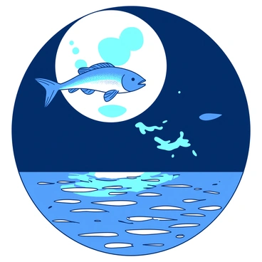 A duo of flying fish glides gracefully through the air, their scales glistening under the soft moonlight. The moon, large and bright, casts a silvery hue over the scene. Below, the water surface ripples gently, reflecting the shimmering light and creating a mesmerizing pattern. The surrounding atmosphere is tranquil, with the dark night sky enhancing the luminous effect of the moonlight on the fish and the water below.
