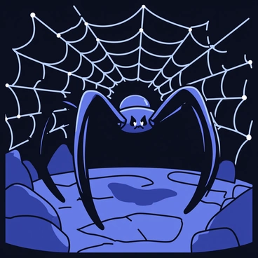 A dark lair filled with intricate webs spun by the giant spider "Shelob." The lair has rocky, uneven ground that reflects a sense of depth and shadow. There are large, glistening strands of silk crisscrossing the space, and the webs have a slightly shimmering quality. In the center, "Shelob" is depicted as a massive, menacing spider with glossy black legs and a round, shiny body. The dim light in the lair casts eerie shadows, adding to the foreboding atmosphere.