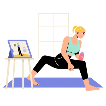 A person is performing reverse lunges in a brightly lit room, focusing intently on a tablet positioned on a nearby table. The tablet screen shows a fitness instructor demonstrating the exercise. The person is wearing a fitted workout outfit consisting of a teal tank top and black leggings. The room has a wooden floor and a large window, allowing natural light to illuminate the space. A yoga mat is placed on the floor, and a water bottle sits nearby.