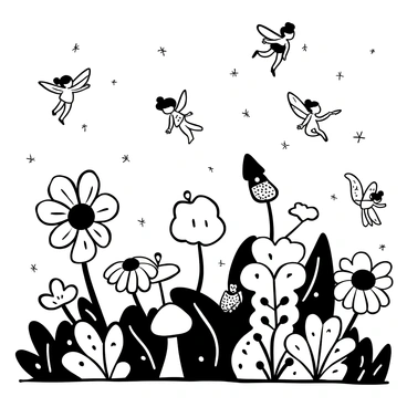 A detailed illustration of a magical fairyland scene featuring multiple tiny fairies with delicate wings flying above an array of flowers. The flowers are various shapes and sizes, intricately designed with unique patterns. Sparkling lights are scattered throughout the scene, illuminating the surroundings and creating a whimsical atmosphere. The ground is covered in lush greenery, with leaves gently swaying as the fairies flit about. A few oversized mushrooms are positioned among the flowers, adding to the enchanted landscape.