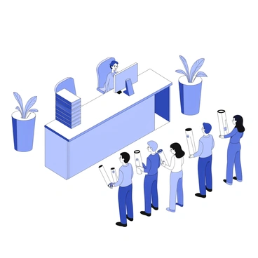 A help desk is situated in an office environment, featuring a large countertop with a computer monitor and an organized stack of office supplies. Behind the desk, there is an employee engaged in assisting a customer. In front of the desk, there is a queue of people waiting for assistance, each person holding rolls of unprinted paper. The individuals in the queue display a range of expressions, indicating anticipation. The layout includes office chairs and potted plants in the background, contributing to the workplace atmosphere.