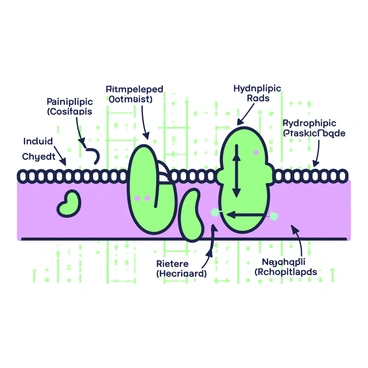 An illustration of a biological membrane showcasing its asymmetrical distribution of phospholipids and proteins. The membrane is depicted as a bilayer, with two distinct layers of phospholipids where the hydrophilic heads face outward and the hydrophobic tails are oriented inward. Embedded within the bilayer are various proteins, some spanning the entire membrane while others are situated on one side. Labels indicate the different types of phospholipids and proteins, with arrows illustrating their positions. The overall structure is enhanced with a grid-like background to emphasize the membrane's organization.
