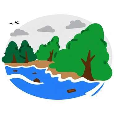A coastal forest area with tall green trees, some of which are partially submerged in a rising storm surge. The water is a deep blue with waves lapping against the trunks of the trees. The sky is overcast with dark gray clouds, hinting at the intensity of the storm. Some fallen branches and debris can be seen floating in the water. A few birds can be spotted flying low above the water, adding movement to the scene.