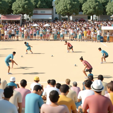 A large crowd is gathered in a village square, eagerly watching a petanque tournament. The spectators include men and women of different ages, some wearing casual summer attire like t-shirts, shorts, and sun hats. In the center of the square, players are positioned on the sandy court, one team wearing blue shirts and the other in red, intensely focused on their game. The players are crouched down, measuring their throws with precision, while metal balls gleam under the sunlight. Surrounding the court, small stalls display local snacks and drinks, adding to the lively atmosphere of the event. Trees line the square, providing shade to some areas where families are seated on picnic blankets. The scene is vibrant and full of energy as cheers and laughter fill the air.