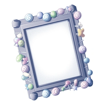 A decorative frame filled with an assortment of candies and lollipops. The frame is adorned with different types of candies, including round lollipops with swirls, small colorful jellybeans, and gummy bears. The edges of the frame feature clusters of vibrant candies, creating a playful and inviting atmosphere. The background within the frame is a smooth, contrasting surface that highlights the sweet-themed embellishments.