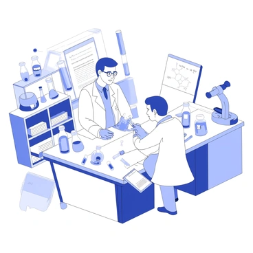 A laboratory filled with various scientific equipment and instruments. In the center, two scientists are collaborating over a large table covered with glass beakers, flasks, and pipettes. One scientist is examining a vial closely, while the other is taking notes on a clipboard. There are shelves in the background lined with labeled jars, stacks of research papers, and a microscope. A whiteboard displays complex equations and diagrams related to their research. Overhead lights illuminate the workspace, creating a focused environment.