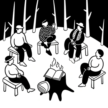A group of elders sitting on wooden benches arranged in a circle around a large, crackling fire. The fire illuminates their faces and the surrounding ground. In the center, a large open book rests on a tree stump, symbolizing the stories being shared. Each elder has a distinct appearance, with variations in clothing styles and accessories, such as woven blankets and hats. Shadows dance across the scene, creating a warm, inviting atmosphere. The background features tall trees silhouetted against the night sky, adding depth to the gathering.