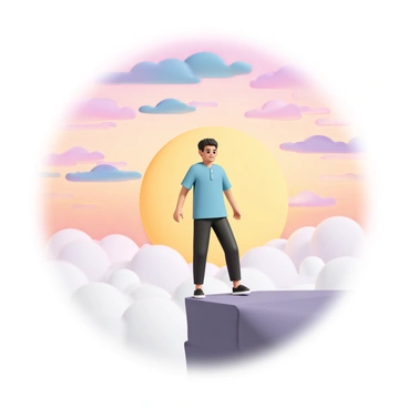 A person standing at the edge of a cliff, wearing a blue shirt and black pants, preparing to take their first step off the ledge. Their arms are slightly extended outward for balance. The sky above is bright and filled with a spectrum of colors, including vivid oranges, pinks, and purples, representing a vibrant sunset. Below the cliff, there is a vast expanse of clouds, creating a stunning contrast with the colorful sky. The person's expression conveys determination and anticipation, embodying the theme of bravery in self-growth.