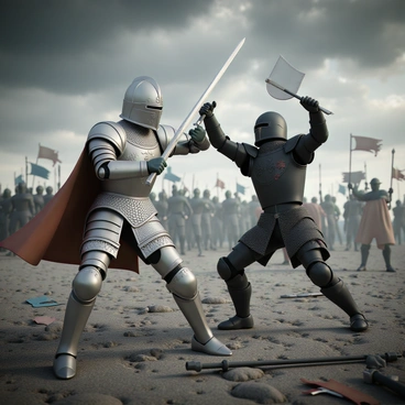A dramatic battle scene featuring two heavily armored knights engaged in combat. One knight, clad in shining silver armor with intricate engravings, is wielding a longsword, while the other knight, dressed in dark metal armor with a tattered red cape, is raising a shield to block the incoming strike. The ground is rocky and uneven, scattered with fallen weapons and banners. In the background, other knights can be seen clashing, and the sky above is filled with dark clouds, creating an intense atmosphere. The knights' expressions are fierce and determined, embodying the intensity of the battle.