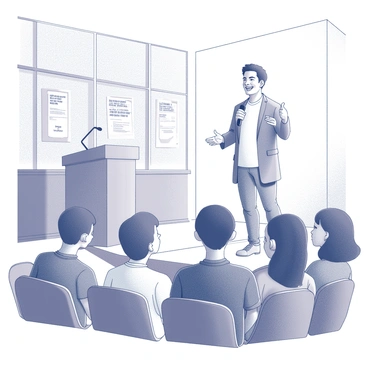 A youth pastor is standing at the front of a bright, spacious room, delivering a sermon. He is animated and expressive, with a wide smile, gesturing with his hands to emphasize his points. In front of him, an energetic group of teenagers is seated in rows, engaged and attentive. Some teenagers are leaning forward, while others are nodding and smiling, showing enthusiasm and interest. The room is filled with various decorations that reflect a vibrant, youthful atmosphere, like posters and inspirational quotes on the walls. The pastor holds a microphone in one hand and gestures with the other, creating an engaging dynamic with the audience.