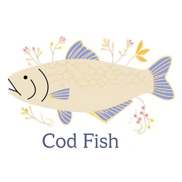A poster featuring a stylized cod fish with flowing lines and intricate patterns. The cod fish is shown swimming gracefully, with detailed scales and fins. Surrounding the fish are elegant floral motifs that complement the overall design. The background consists of soft, muted colors, enhancing the focus on the cod fish. The text "Cod Fish" is displayed in a decorative font at the bottom, harmonizing with the Art Nouveau aesthetic.