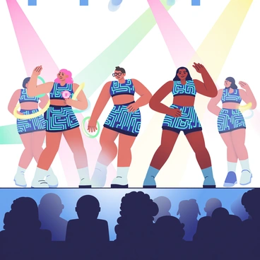 A group of dancers is performing on stage, showcasing vibrant electric-themed costumes that are adorned with glowing patterns and neon colors. The costumes feature intricate designs that resemble circuitry, with bright blue and pink lights pulsating in rhythm with the music. Each dancer holds a prop, such as a glowing staff or a light-up hula hoop, that adds to the electrifying atmosphere. The stage is illuminated with dynamic lighting effects, casting colorful beams across the performers. The audience can be seen in silhouette, captivated by the dazzling display of movement and light.