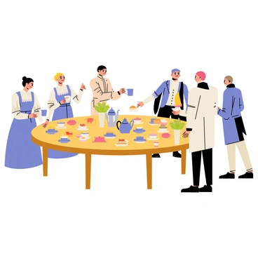 A historical reenactment of a Charleston tea party featuring several individuals dressed in elegant 18th-century period costumes. The scene includes women in long, flowing dresses with intricate lace details, and men in tailored coats, waistcoats, and breeches. A large, round wooden table is set with fine china teacups and silver teapots, surrounded by an array of colorful pastries and finger sandwiches. Delicate floral arrangements in ornate vases adorn the table. Some guests are engaged in conversation, while others are gracefully pouring tea, creating a lively atmosphere reminiscent of the period.