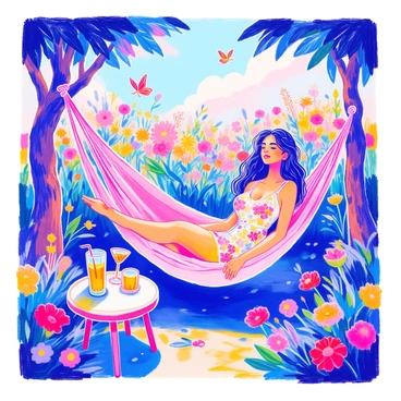 A woman with long, flowing hair is lounging on a hammock made of soft fabric, gently swaying between two sturdy trees. She is wearing a light sundress adorned with floral patterns. Surrounding her is a lush garden filled with vibrant flowers in various colors, including red, yellow, and purple. Green foliage creates a natural canopy overhead, and butterflies flutter around. A small table nearby holds a refreshing drink in a tall glass, with a slice of lemon on the rim. The scene conveys a peaceful atmosphere in a sunlit garden.