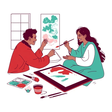 Two artists are sitting side by side in a spacious, brightly lit studio, working on a large digital canvas displayed on a sleek tablet. One artist, from a vibrant cultural background, is painting with bold strokes in deep red, while the other artist, representing a contrasting tradition, is applying intricate designs in a soft teal. Various brushes and digital tools are scattered around them. The artists are engaged in conversation, sharing smiles as they exchange ideas and techniques, highlighting the fusion of their unique styles. The digital canvas showcases a blend of motifs and colors from both cultures, creating a dynamic and harmonious artwork.