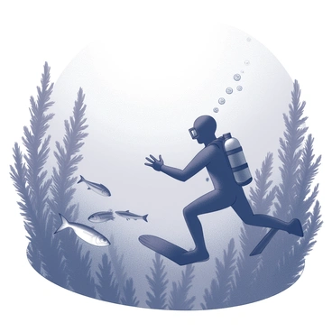 An underwater scene with a diver wearing a wetsuit and scuba gear, exploring the ocean depths. The diver is positioned in the center of the image, looking intently at a school of herring swimming nearby. Surrounding the diver are tall kelp plants swaying gently with the underwater currents, creating a lush green environment. Sunlight filters down from the surface, illuminating the scene and highlighting the details of the fish and the kelp. Bubbles rise from the diver’s tank, adding to the dynamic feel of the underwater exploration.
