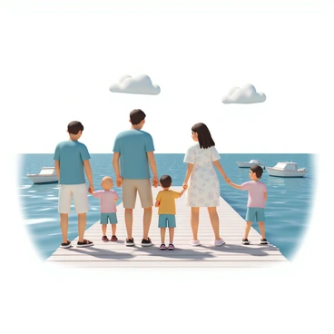 Passengers waiting on a dock for a ferry to arrive, with the water and boats in the background.