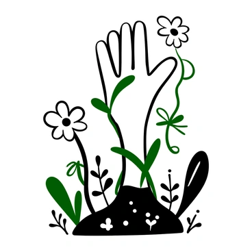 A hand emerging from the ground, surrounded by a few large flowers and various plants. The fingers of the hand extend outwards and are partially covered with green leaves and vines. The base of the hand is intertwined with roots that spread into the soil. Small plants and sprouts are seen pushing through the earth around the hand, creating a connection between the hand and the vibrant life surrounding it. The scene has a sense of growth and transformation within a natural landscape.