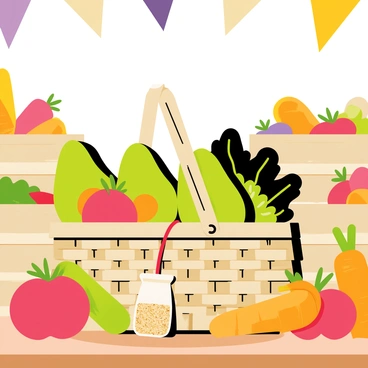 A woven basket filled with fresh vegan produce sits on a wooden table at a farmer's market. The basket contains vibrant green avocados with smooth skin, dark leafy kale with curly edges, and fluffy grains of quinoa in a small cloth bag. Surrounding the basket are bright red tomatoes, crisp cucumbers, and a few bright orange carrots, creating a colorful display of healthy foods. The backdrop features wooden crates filled with other assorted vegetables and fruits, and a few colorful banners fluttering in the gentle breeze.
