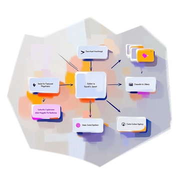 A flowchart illustrating a user's journey while exploring playlists on a music app. The flowchart starts with a central node labeled "User opens music app," which leads to multiple branches. One branch shows the user browsing "Featured Playlists," while another branch depicts "Search for Specific Genres." There are nodes indicating actions such as "Select a Playlist," "Listen to Preview," and "Add Playlist to Library." Additional branches lead to "Share Playlist" and "Create Custom Playlist," with arrows connecting the steps to show the flow of the user's experience within the app. Each section of the flowchart is clearly defined and organized for easy understanding.
