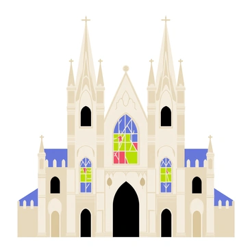 A gothic cathedral with towering spires and intricate architectural details. The facade features large, detailed stained glass windows depicting biblical scenes, with vibrant colors of blue, red, and green. Surrounding the cathedral are elegant flying buttresses that curve outward, supporting the grand structure and adorned with decorative carvings. The sky is overcast, providing a dramatic backdrop to the imposing silhouette of the cathedral.