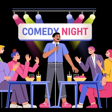 A standup comedian stands at a microphone on a small stage in a comedy club. The comedian has a big smile and is wearing a bright blue shirt. The audience, which fills the dark room, is clapping and laughing, some with their hands raised in applause. Colorful spotlights shine on the comedian, highlighting their animated expression. Behind the comedian, a large banner with the words "Comedy Night" is displayed. Various tables are scattered in front of the stage, with people enjoying drinks and snacks, further enhancing the lively atmosphere.