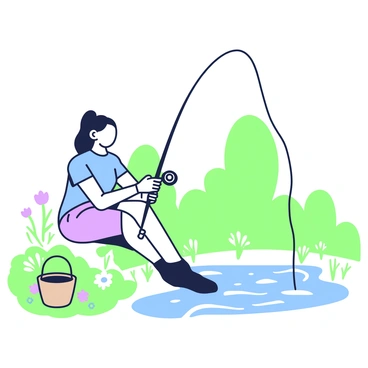 Marianne is sitting on a riverbank, focused on her fishing activity. She has long hair tied back and is wearing a light blue t-shirt and comfortable shorts. In her hands, she holds a fishing rod with a line cast into the water, creating small ripples. Surrounding her are gentle green grasses and a few wildflowers. The river flows calmly, and a small wooden bucket lies nearby, ready to hold any fish she catches. In the background, there are a few trees with a soft outline, adding to the tranquil setting.