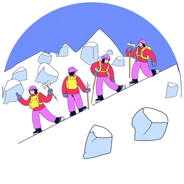 A team of climbers is ascending a snow-covered peak. The climbers are wearing bright red jackets and sturdy snow pants, equipped with helmets and harnesses. Each climber has a pair of ice axes in hand, and their boots are fitted with crampons. The snow around them is pristine and glistening under the sun. Rocky outcrops jut out from the snow, creating a rugged backdrop. The sky above is clear blue, providing a stark contrast to the white snow.