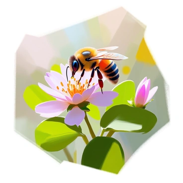 A bumblebee with black and yellow stripes is busily extracting nectar from a clover flower. The bee is perched on a delicate pink clover blossom, its wings slightly spread and reflecting sunlight. Surrounding the clover are bright green leaves and other clover blooms, creating a vibrant scene. The background showcases a soft blur of natural greenery, emphasizing the focus on the bee and the flower.