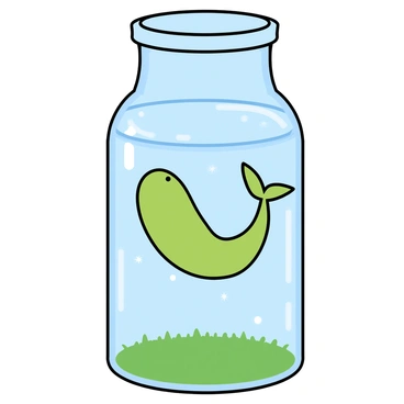A playful tadpole with a round head and a long, slender tail is swimming inside a transparent glass bottle. The bottle is cylindrical with a smooth surface, and the water inside is clear, allowing for a full view of the tadpole. The tadpole is positioned near the middle of the bottle, creating ripples in the water as it moves. Sunlight shines through the glass, casting reflections and creating a sparkling effect. The bottle rests on a soft patch of grass, adding a touch of nature to the whimsical scene.