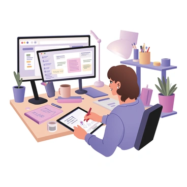 A digital flat illustration depicting an artist sitting at a desk, focused on their drawing tablet. The artist has light skin, medium-length curly brown hair, and is wearing a comfortable blue t-shirt. Surrounding the artist are various art supplies, including colored pens, sketchbooks, and a coffee mug. A large monitor displays the live-stream interface showcasing a chat window filled with viewers' messages. Bright studio lights illuminate the workspace, and there are plants in the background adding a touch of green. The artist is smiling as they draw, engaging with their online audience.