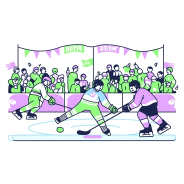A community hockey tournament is taking place on a large ice rink filled with spectators. In the foreground, two local teams are competing against each other, clad in matching jerseys with distinct designs. One team is in bright green uniforms while the other team wears purple. Players are skating energetically, with one player attempting to shoot the puck towards the goal. The goal is situated at one end of the rink, defended by a goalie wearing protective gear. Spectators in the stands are cheering and waving banners, contributing to the lively atmosphere of the event. Flags with the names of the teams can be seen hanging around the rink.