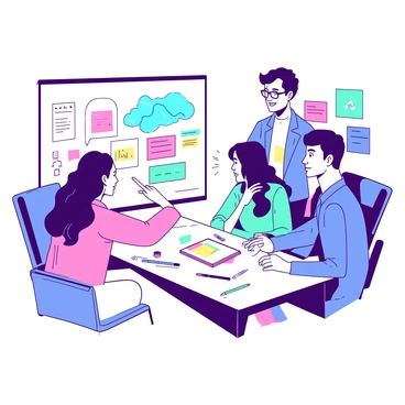 Colleagues sharing ideas around a colorful office whiteboard