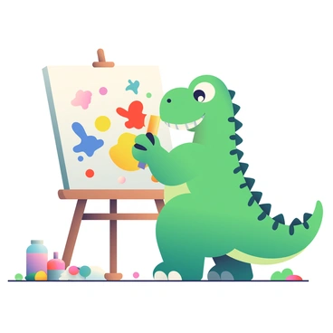 A dinosaur with vibrant green scales is standing on its hind legs, holding a large paintbrush in its tiny front paw. The dinosaur has a cheerful expression as it leans towards a large white canvas propped on an easel. Splashes of bright colors, including red, blue, yellow, and purple, are scattered on the canvas, demonstrating its artistic efforts. Around the dinosaur, there are various paint tubes and a palette filled with colorful paint blobs. The ground beneath is scattered with paint splatters, suggesting an energetic painting session.