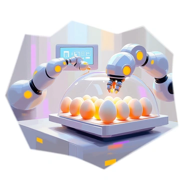 A futuristic hatchery scene featuring an array of eggs in transparent incubators. Robotic arms are actively assisting in the incubation process, delicately rotating and monitoring each egg. The hatchery is illuminated by soft, ambient lighting, highlighting the sleek, metallic surfaces of the robotic machinery. Various digital screens display vital information about the eggs, and there are multiple rows of incubators organized in a clean, efficient layout. The atmosphere conveys a sense of advanced technology and careful nurturing.
