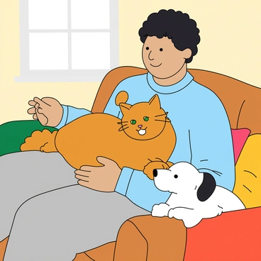 A person with medium skin and short, curly black hair is sitting comfortably on a soft, plush sofa. They are wearing a light blue sweater and grey sweatpants. A fluffy, orange tabby cat is nestled in their lap, purring contentedly. The cat has bright green eyes and its tail is curled around the person's arm. Next to them on the sofa, a small, fluffy white dog with dark eyes is resting peacefully, its head resting on the arm of the sofa. The sofa is adorned with colorful throw pillows, and a warm blanket is draped over the armrest. A gentle light filters in from a nearby window, creating a cozy atmosphere.