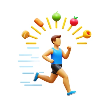 A person running energetically, with dynamic motion illustrated by flowing lines around their body. The runner is depicted wearing athletic gear, showcasing a determined expression. Above the runner, stylized representations of carbohydrates, such as bread, pasta, and fruits, are arranged, highlighting their role as a source of energy. Bright, vibrant colors represent the energy emitted from the carbohydrates, radiating towards the runner.