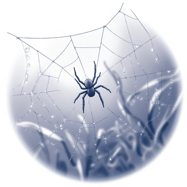 A spiderweb glistening with dew, with a spider sitting motionless in the center