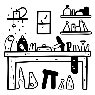 A craftsman's workshop with wooden tools and surfaces displaying various grains