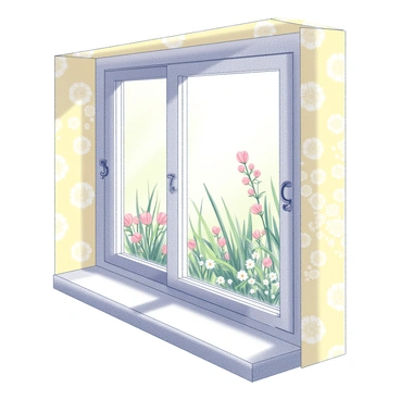 A window with intricate white frame details, showcasing a view of a garden filled with vibrant plant life. The window is bordered by "yellow wallpaper" that features a delicate, repeating floral pattern. Outside, the garden is alive with various greenery, including tall grass and blooming flowers. Sunlight streams through the window, casting elongated shadows onto the floor, illuminating the interior space. The scene is tranquil, with soft details hinting at gentle breezes rustling through the leaves.