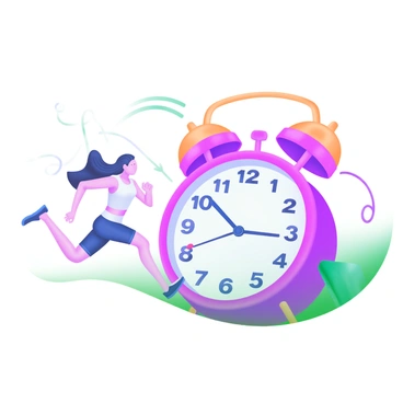 A person in athletic wear is sprinting towards a giant alarm clock. The alarm clock is prominently displayed with large, bold numbers indicating the time. The background features a soft gradient of colors, enhancing the urgency of the scene. The person has a determined expression, their hair flowing behind them as they run. Surrounding them are dynamic motion lines, emphasizing their speed. The clock has a classic design with large bells on top and a bright red color, contrasting with the subtler background tones.